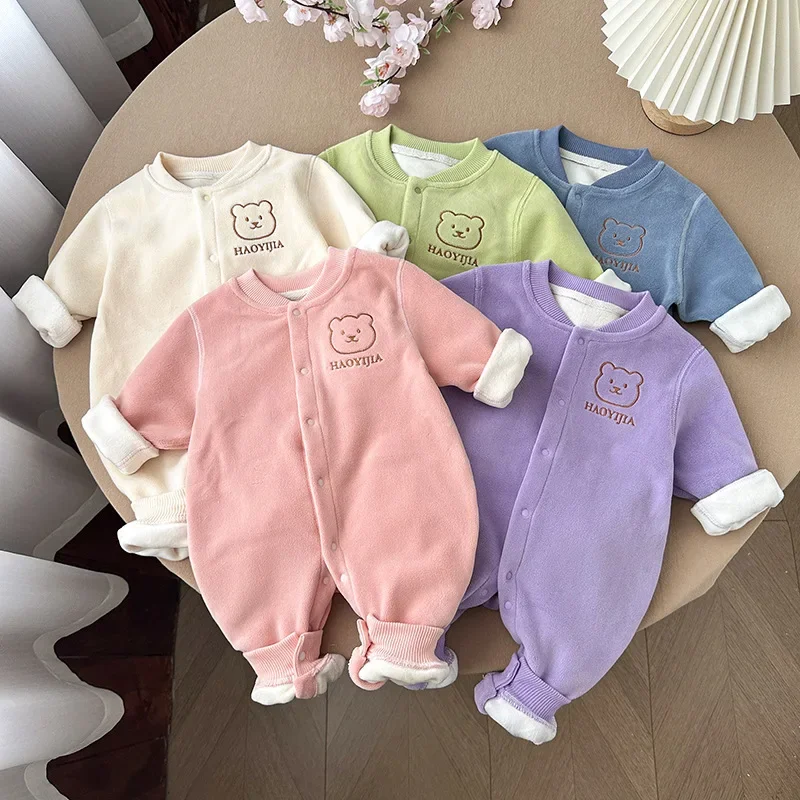 

2024 New Autumn Baby Clothes 0-24M Infant Girls Thin Fur Lining Romper Boys Solid Color Cartoon Jumpsuit Toddler Warm Outwear