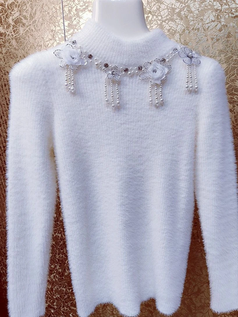 Luxury Pearls Beaded Tassels 3D Lace Flowers Mohair Pullovers Sequined Fringed Plush Bottoming Sweater Shirts Slim Elastic Tops