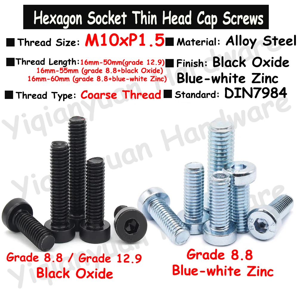 2Pcs~4Pcs M10xP1.5 DIN7984 Grade 12.9 / 8.8 Alloy Steel Black / Blue Hexagon Socket Thin Head Cap Screw Low Short Profile Head