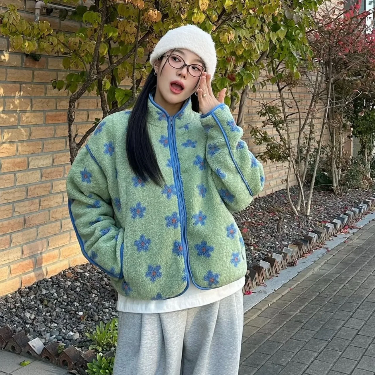 

Теплая винтажная женская верхняя одежда из меха ягненка с синим цветком, повседневная куртка, весна-осень 2026, верхняя одежда, пальто (S11540)