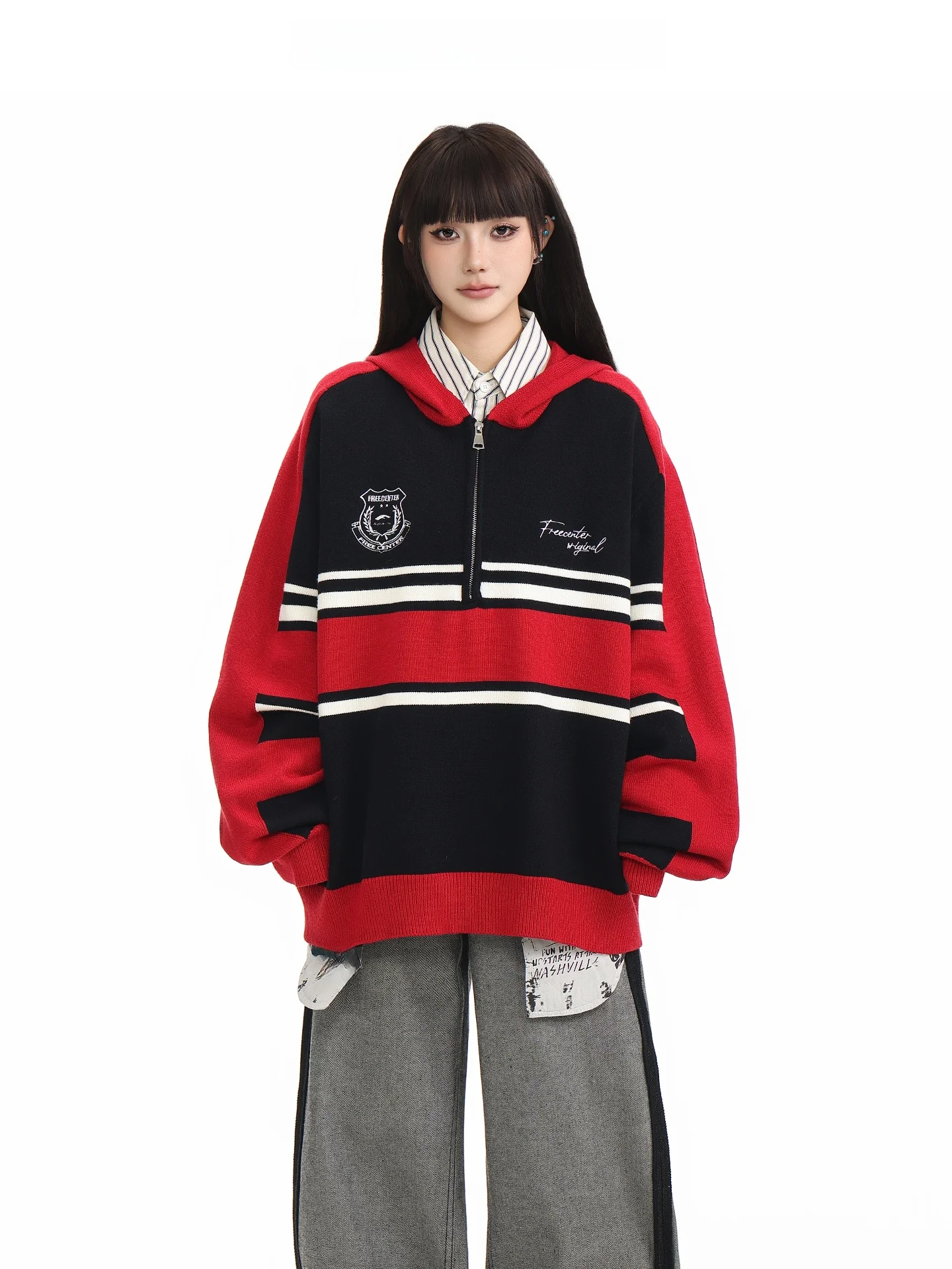 

Free Center American College Sle Color Blo Hoodie Knitted Sweater f Zipper Retro Design Women's Faion Autumn Winter ...