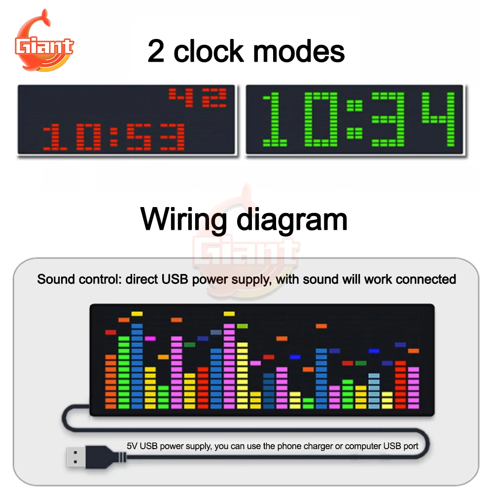 USB Color LED Music Spectrum Rhythm Analyzer Electric Clock Voice Controlled Rhythm Light 1624RGB Pickup Atmosphere Indicator