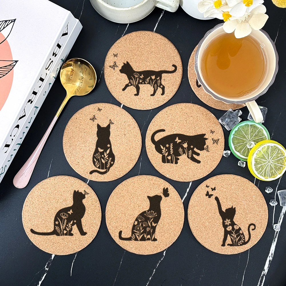 6pcs/Set Creative Engraved Hello Cat Design Pattern Round Cork Coasters For Coffee Cups Mugs Drink Holder and Tableware