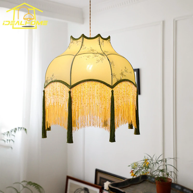 Chinese Classical Vintage Copper Fabric Art Decorative Pendant Lights LED E27 Gold Lustre Living Room Restaurant Tea House Study