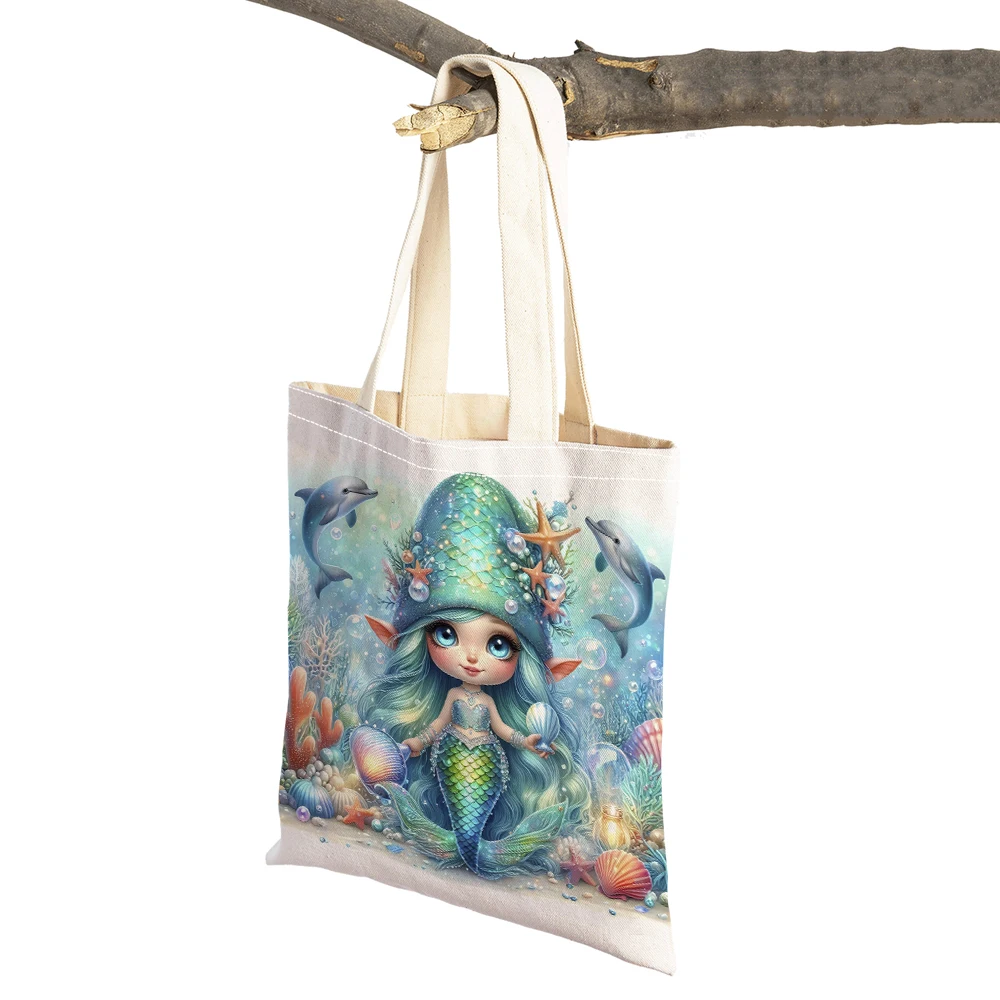 

Cartoon Ocean Princess Mermaid Girl Women Shopping Bags Lady Shoulder Tote Reusable Shopper Bag Double Print Cute Child Handbag