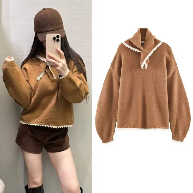 

Новый осенне-зимний женский простой вязаный свитер с длинным шарфом и воротником с кружевной отделкой, модный повседневный женский вязаный топ