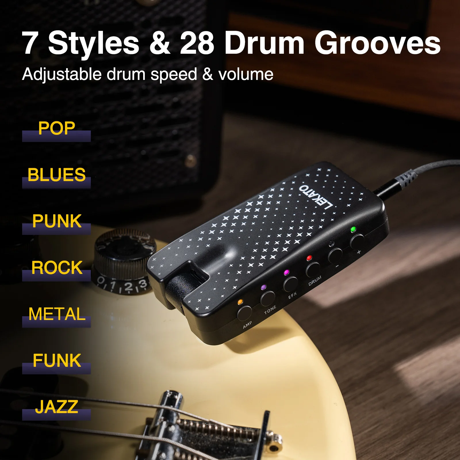 Lekato Portable Guitar Amp with Drum Machine- 28 Patterns, 14 Effects & Amp Models, Bluetooth Backing Tracks & Otg Recording