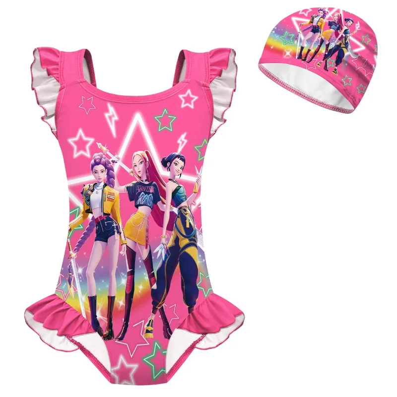 Trendy Toddler Girls One-Piece Swimsuit Set Hunter Witch Coven Print Lace Trim New Style High Stretch Protection for Beach Days image 2