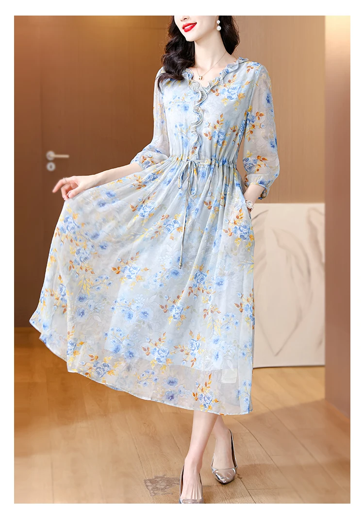 Spring/Summer Fashion Mulberry Silk Dress Women\'s French Loose Tight Fragmented Flower Skirt 2024 New Print Beach Style Vestidos