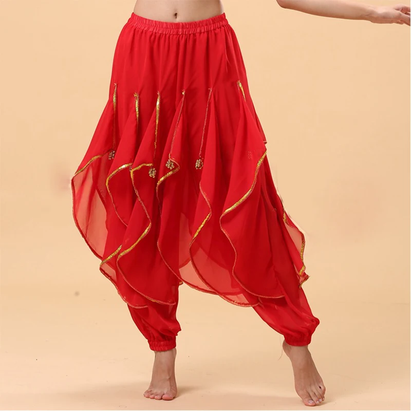 Lange Chiffon Bauchtanz Haremshose Tribal Arabisch Halloween Hose mit Goldbesatz Damen Tanzhose – Detail 8