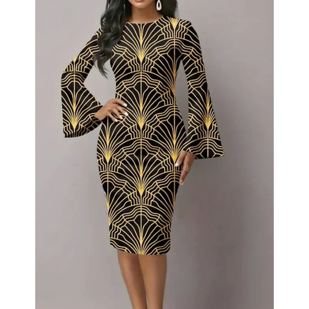 Women's Elegant Bodycon Dress with Flared Sleeves Unique Blue & Gold Metallic Swirl Print Boho Chic Midi Dress for Night Out
