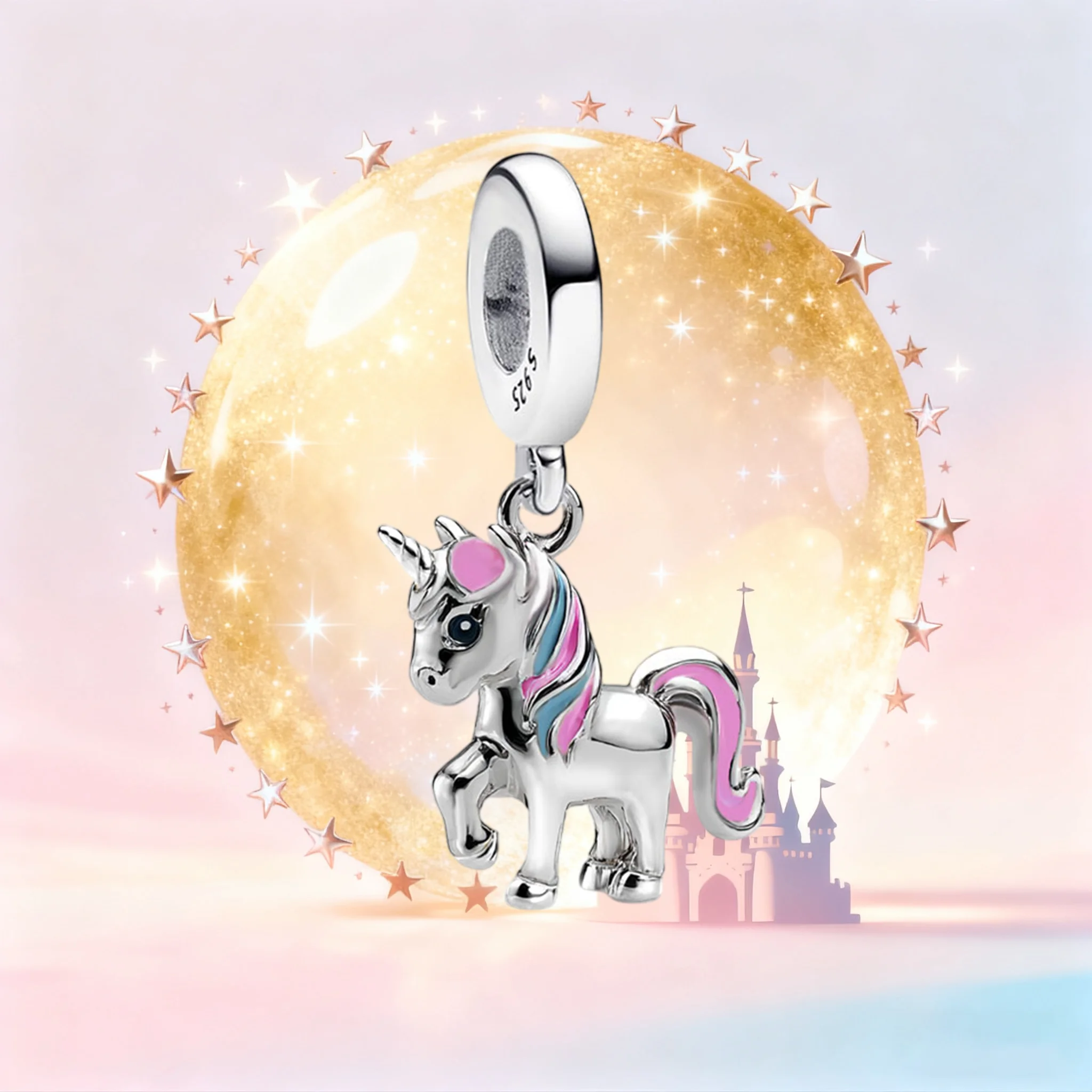 

Подвеска в виде единорога Диснея из стерлингового серебра 925 пробы, подвеска в виде единорога с красочной эмалью, ювелирные изделия в стиле фэнтези Диснея для браслетов