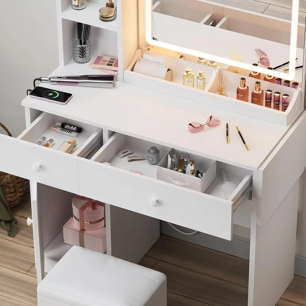 Bureau de maquillage blanc éclairé avec rangement, chargement et 3 modes d'éclairage pour vanité de chambre à coucher