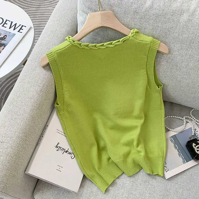 Green Tank Top Slim Fit Round Neck Sleeveless Vest Knitted Vest Women Clothing Y2k Tops Y2k Accessories