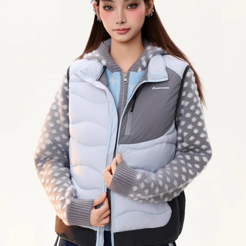 Damska kurtka z dzianiny w retro wzór w kropki, z łączonymi rękawami, na jesień i zimę, nowa, z białego puchu kaczego, z blokami kolorów, stójka, płaszcz dla dziewczyny.