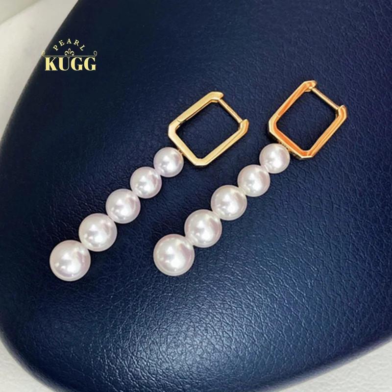 

KUGG PEARL 18k Yellow Gold Earrings 5.5-8mm Natural Akoya Pearl Drop Earrings for Women Fashion Tower Design High Jewelry