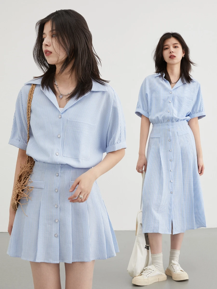 CHIC VEN Korean Pleated Shirt Dress Short Sleeve Dresses Striped Women Loose Girl Slim Dress A Line Women Clothing Summer 2023