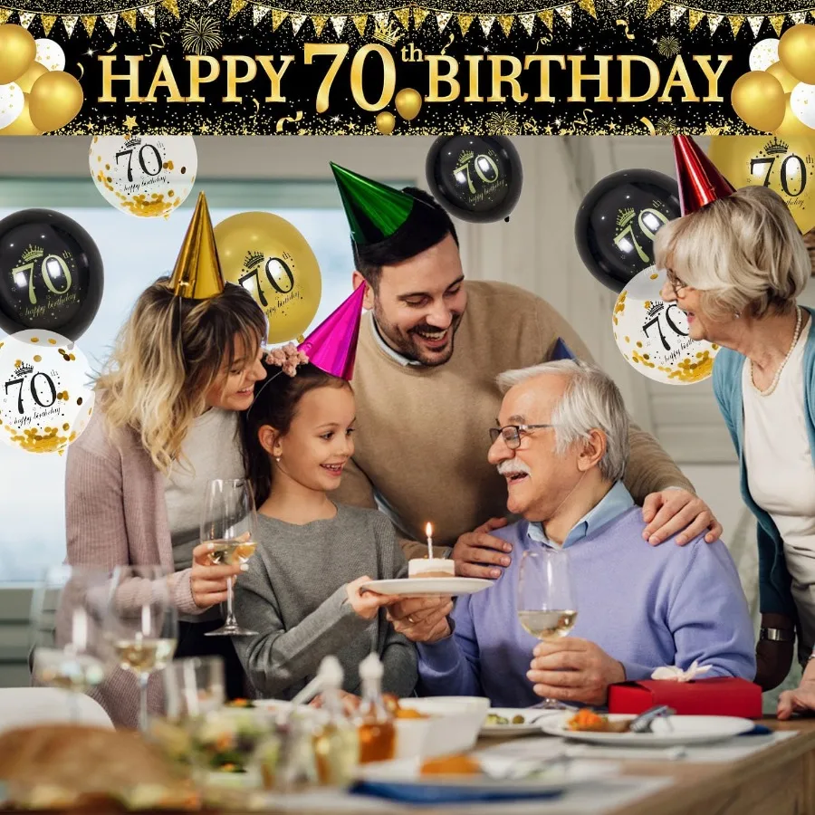 70th Birthday Decorations Black Gold 70th Birthday Banner and Balloons for Indoor Outdoor Parties