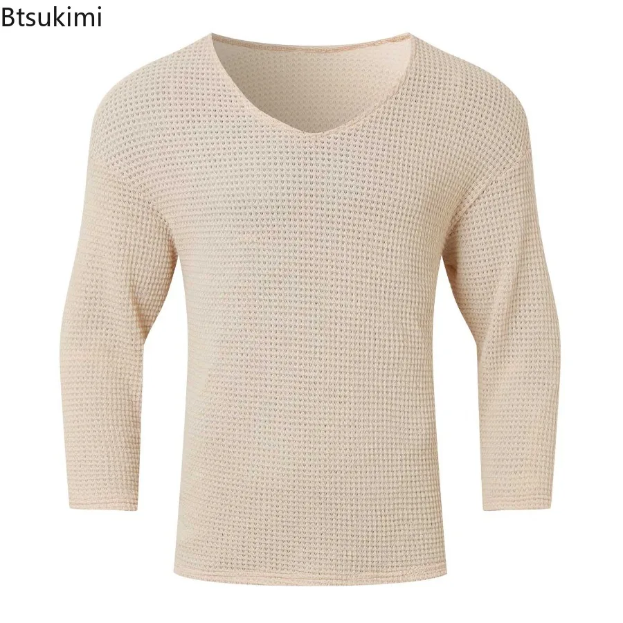 Fashion V Neck Thin Sweaters 2025 Men's Solid Long Sleeve Knitted Pullover Casual Vintage Streetwear Spring Hollow Out Tops Male - Image 5