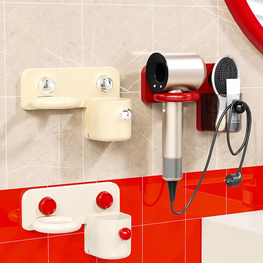Hair Dryer Holder with Storage Box, Wall Mounted with Cord Winding Design, No Drilling Installation Cream Style Organizer for Ba