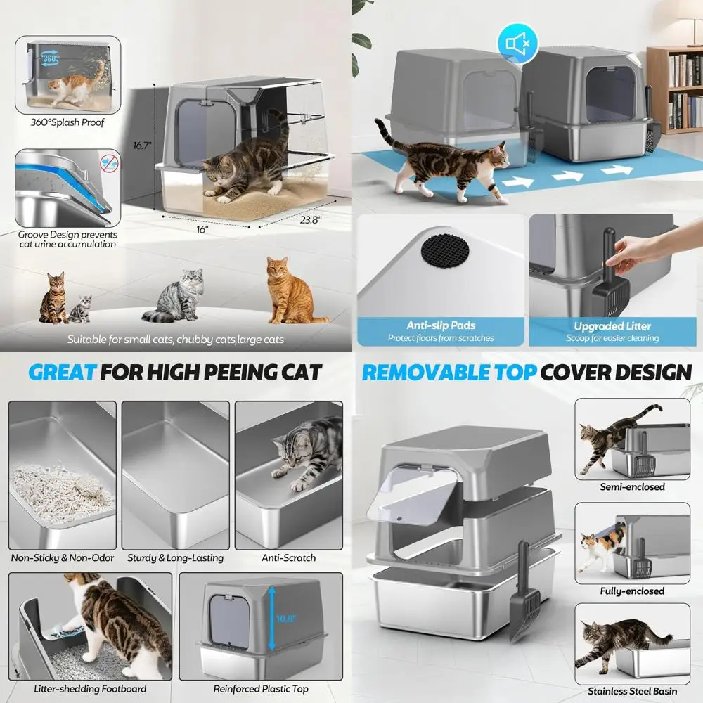 

Extra Large Stainless Steel Cat Litter Box with Lid, High-Sided Metal Pan, Odor-Resistant, Leak-Proof, Includes Scoop (Light Gre