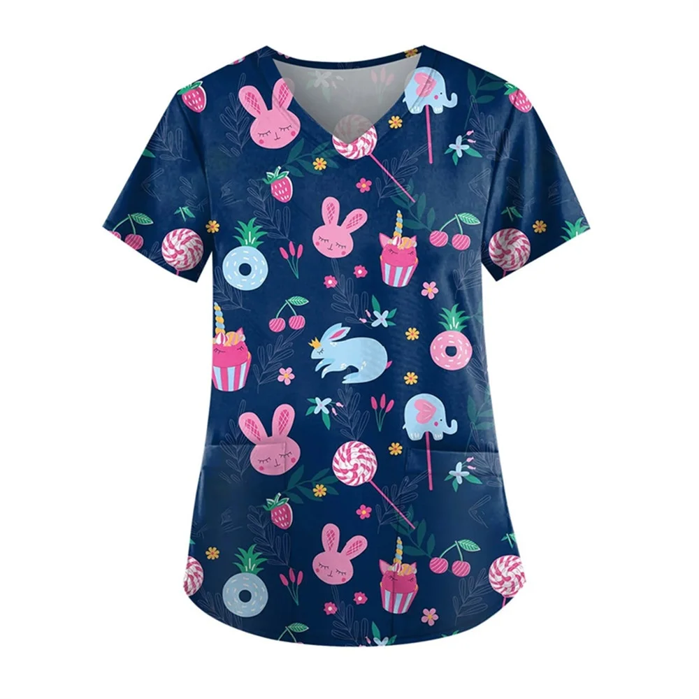 Women Short Sleeve V-neck Flower Pattern Top Nursing Working Uniform T-shirts Short Sleeve Blouse Pet Groming Veterinaria Tops