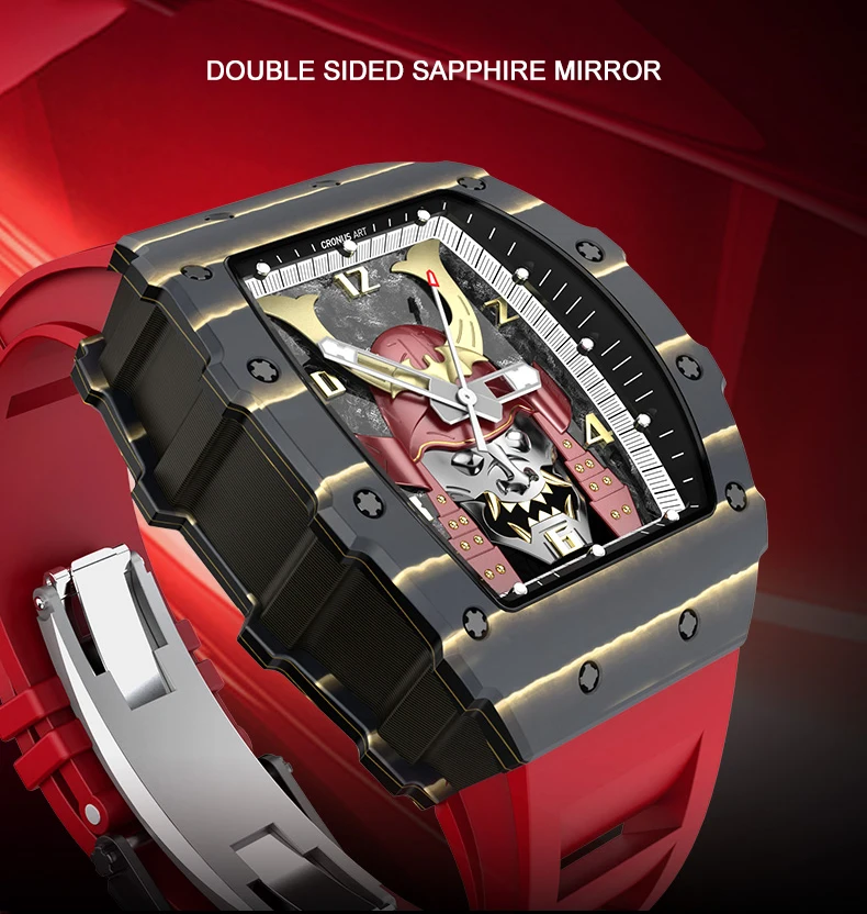 CRONUSART Men Automatic Watch Luxury Mechanical Wristwatch Carbon Fibre Tonneau Case Luminous Fluororubber Strap Bushido Dial