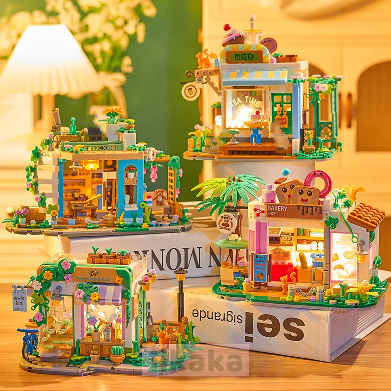 

Light Flower Shop Mini Building Blocks Toys Creative Town DIY Blocks Bakery Bricks Kids Educational Toys for Girls Boys Gift