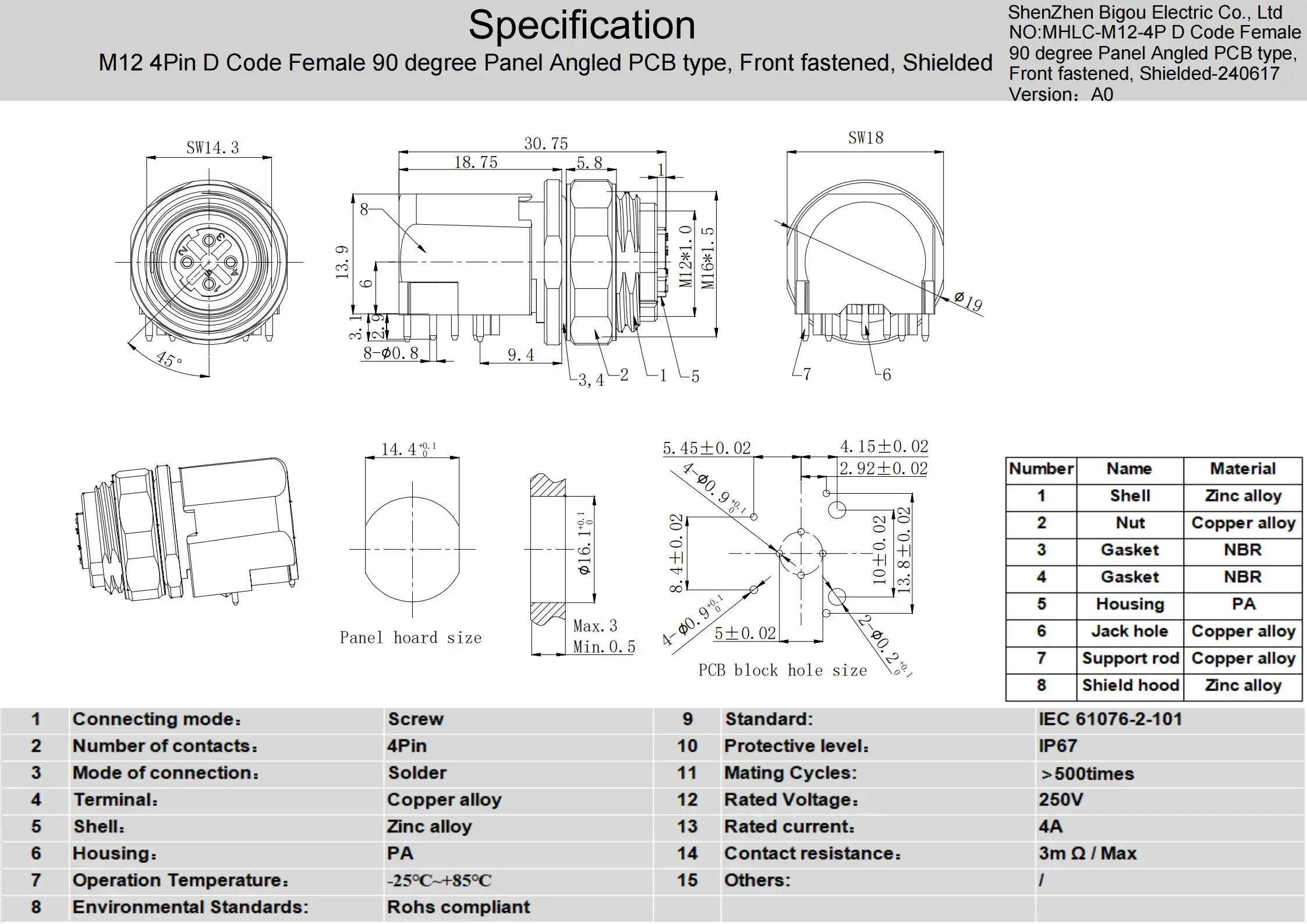 M12 4Pin D Code Female 90 degree Panel Angled PCB type, Front fastened, Shielded