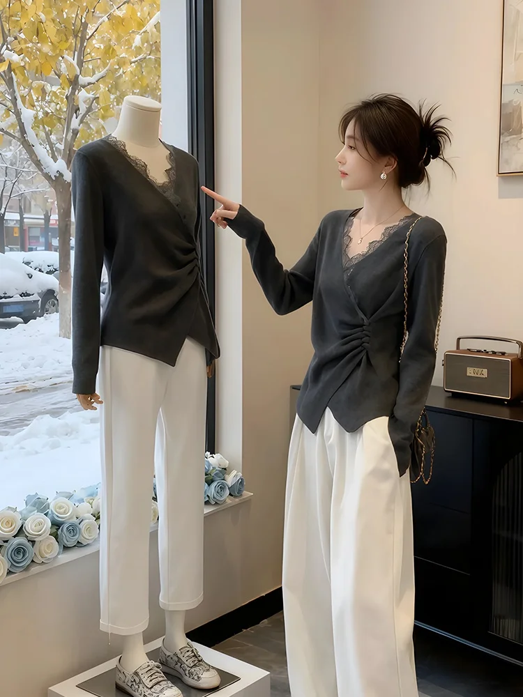 

Женский облегающий трикотажный топ с V-образным вырезом и кружевом, базовый слой, корейский стиль, свободный крой, длинный рукав, цветной