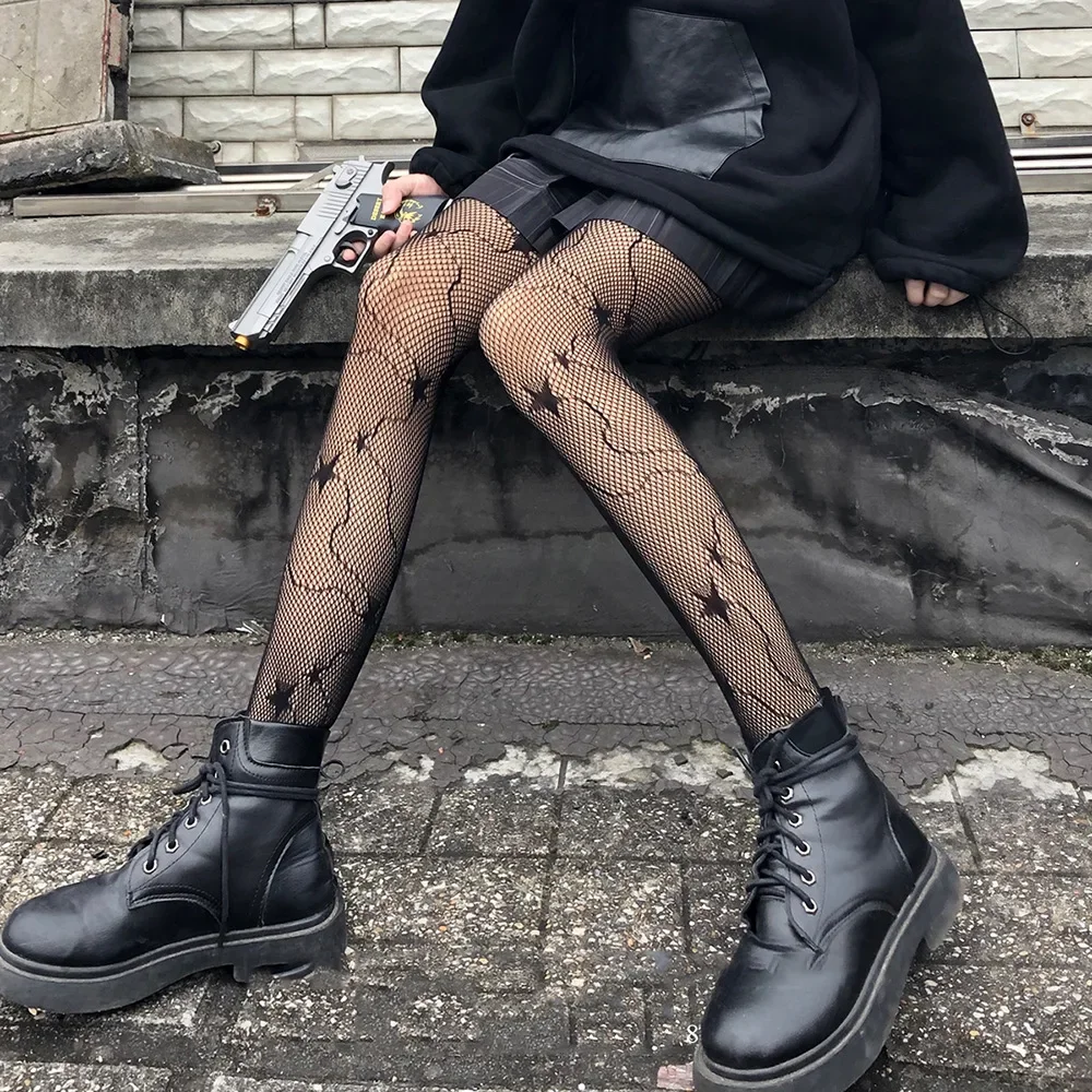 Lolita Girls Cute Pentacle Print Tights Women Sexy Gothic Punk Magical Five-Pointed Star Mesh Fish Net Pantyhose Body Stockings