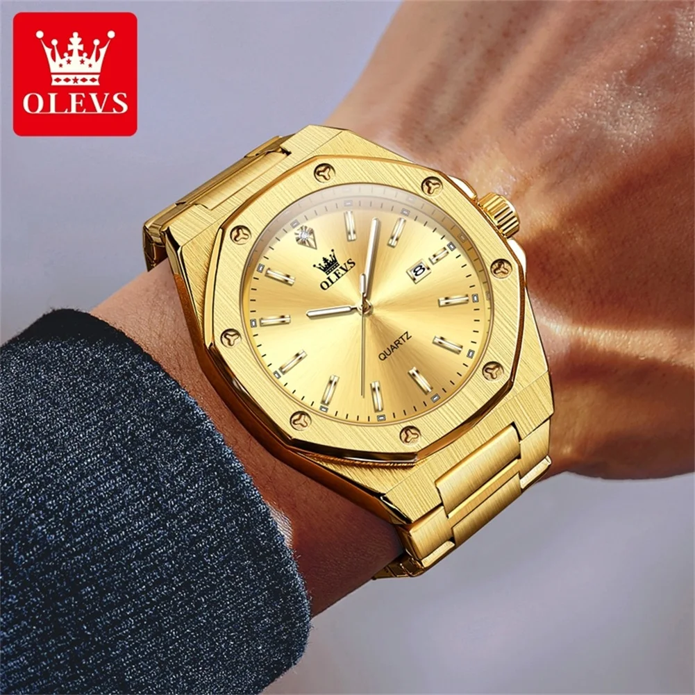 OLEVS Luxury Octagonal Golden Stainless Steel Quartz Watches for Men High Quality Auto Date Luminous Waterproof Man Wristwatch