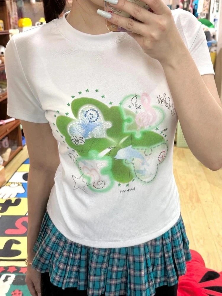 

Summer Y2k Aesthetic Printing Vintage Grunge T-shirt Women White Letter Streetwear Tops 2025 Harajuku Casual Loose Tshirts New