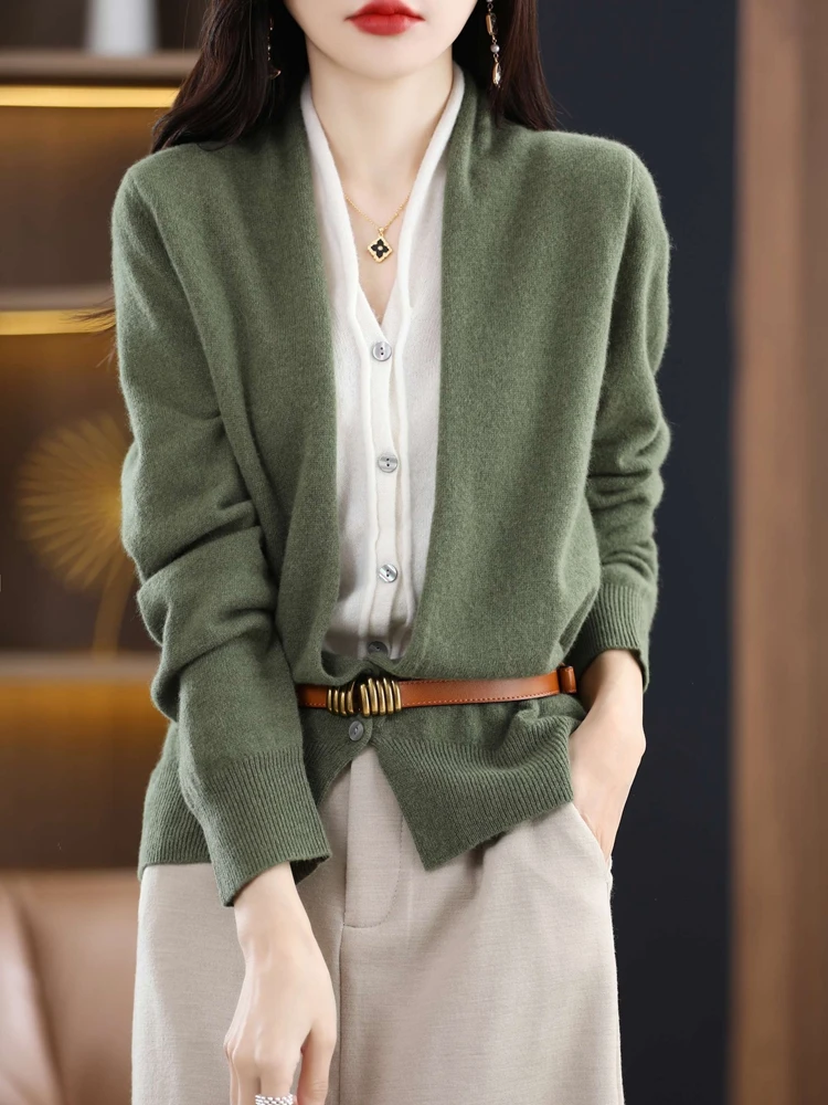 Autumn Winter New Chic V-neck Cardigan Sweater For Women 100% Merino Wool Grace Office Lady Basic Cashmere Knitwear Topss