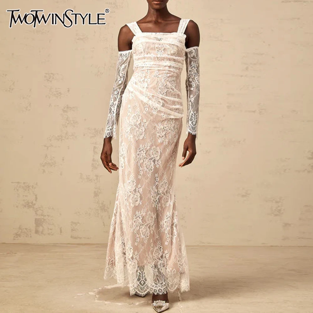 

TWOTWINSTYLE Solid Temperament Slimming Dresses for Women Square Neck Sleeveless Patchwork Lace Midi Elegant Dress Female New