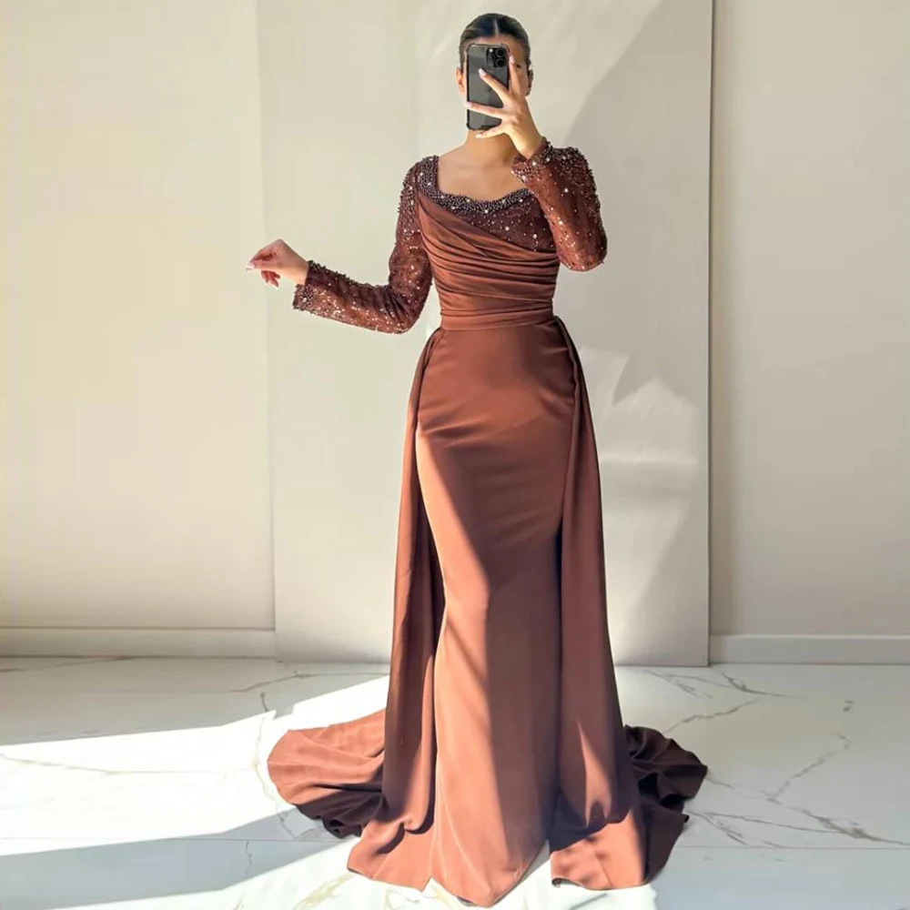 

Customized Embroidery Pearls Evening Dresses 2025 Square Neck Full Sleeves Wedding Guest Dress Pleat Satin Formal Gowns