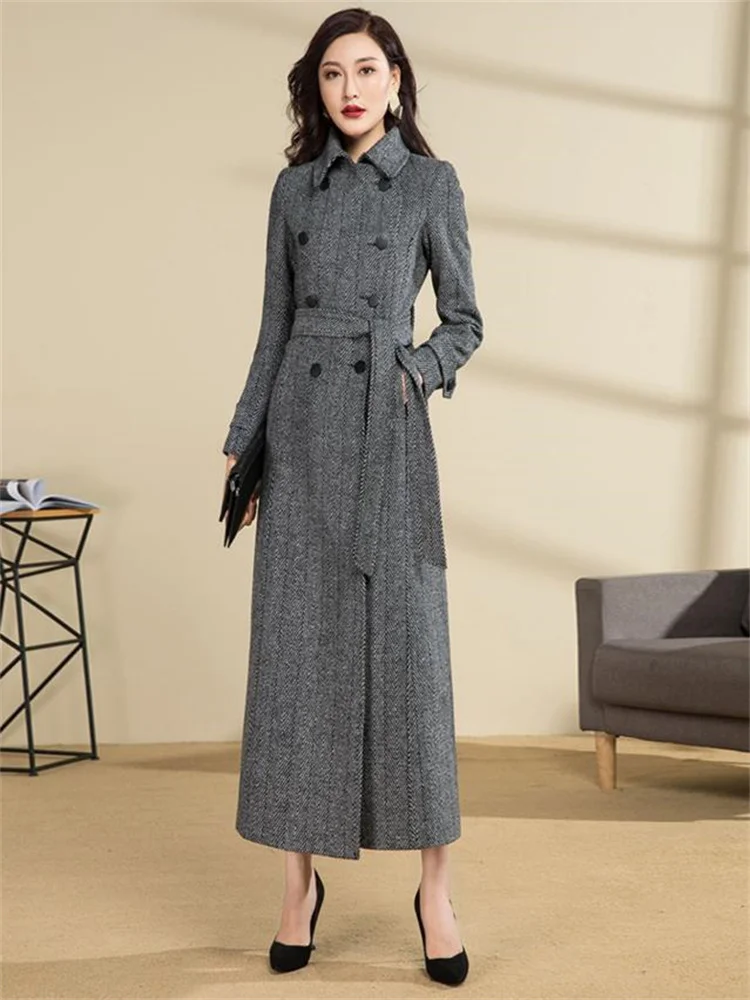 New winter double-breasted British fashion wool coat long casual herringbone woolen coat fashion women 3xl