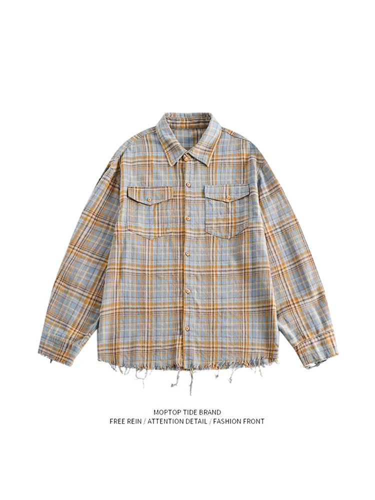 

Retro American Plaid Long Sve irt Men's Loose Spring Trendy Coat Outerwear Mr. WH Flared Hemline Workwear ex
