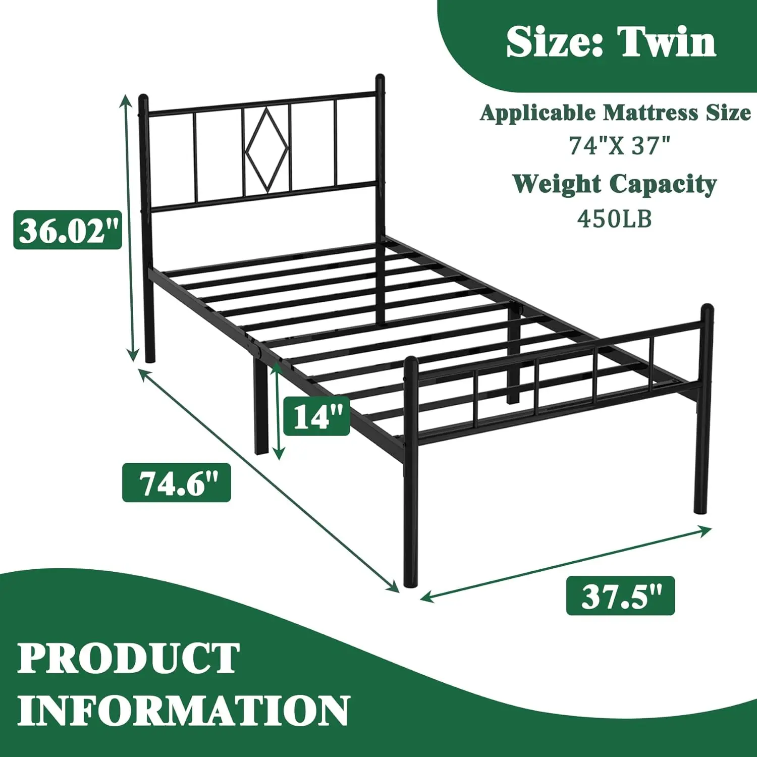 

14 H Twin Size Bed Frames With Headboard/Footboard, Under Bed Storage, Strong Metal Slats Support, No Box Spring Ned, Noise
