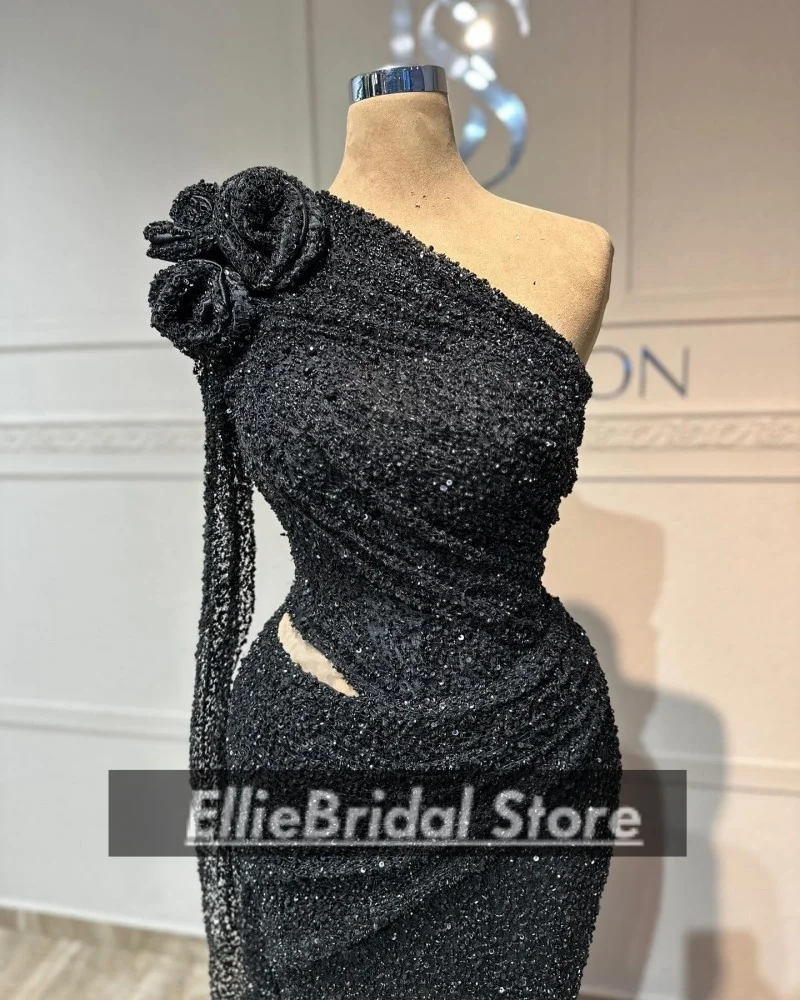 فساتين سهرة سوداء بكتف واحد رائعة مطرزة بالترتر طويل حورية البحر للحفلات الراقصة 2025 فيستدوس دي غالا أنثى مخصصة