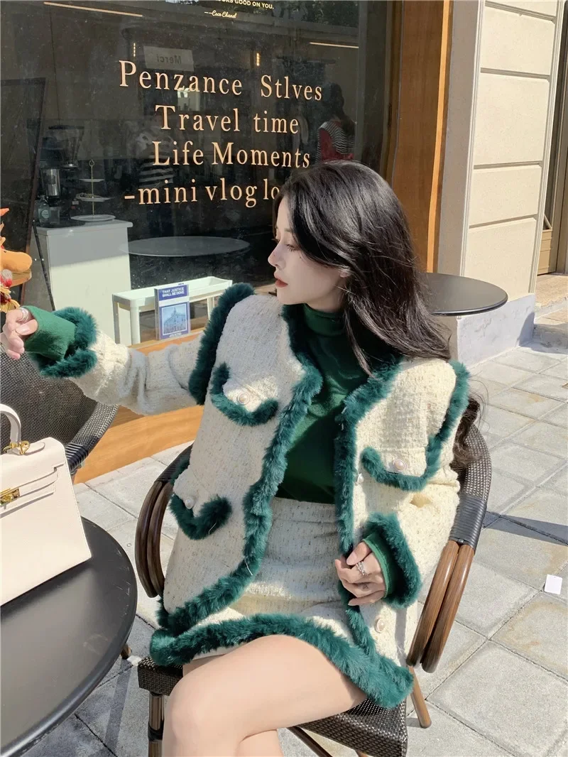 Fall Winter New Women Fashion 2 Piece Dress Sets Elegant Faux Fur Tweed Jacket&High Waist A Line Mini Skirt Chic 2pc Suits