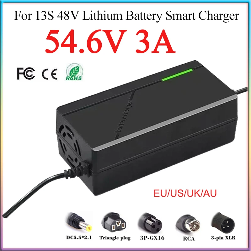 54.6V 3A  Lithium Battery Smart Charger 48V 3A With Fan AC110-220V For 13S 48V 20A 30A Electric two wheelers/motorcycle/scooter