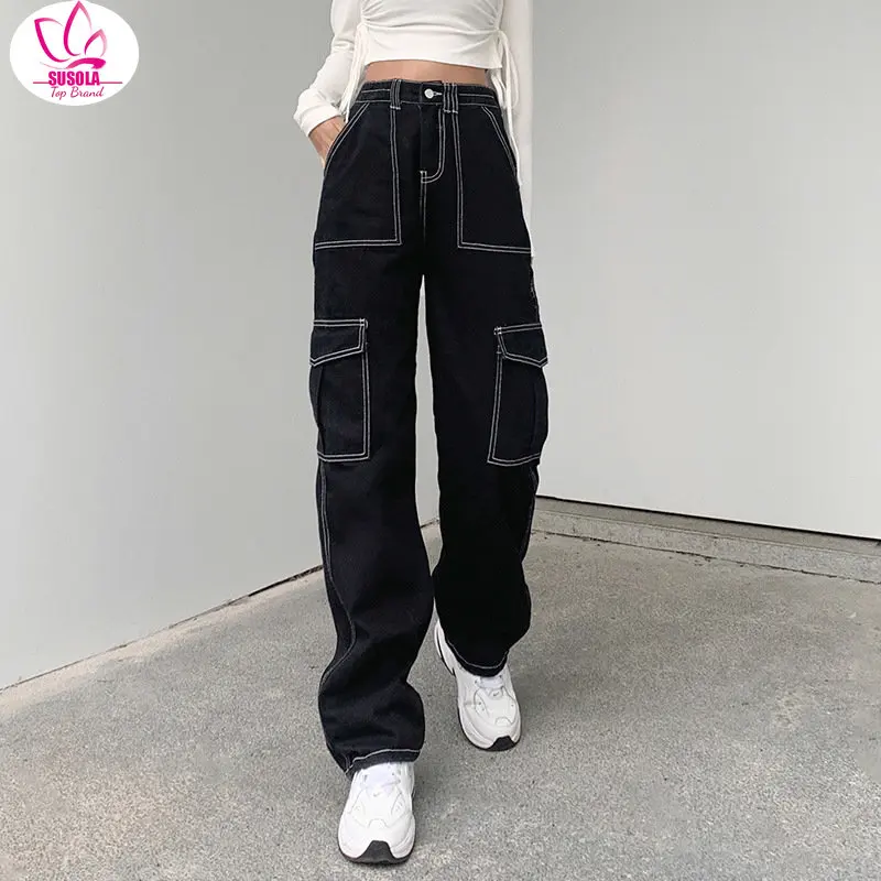 

SUSOLA Pockets Patchwork Baggy Jeans Trend Streetwear 100% Cotton Women Denim Trouser Loose Cargo Pants Korean Jeans Harajuku