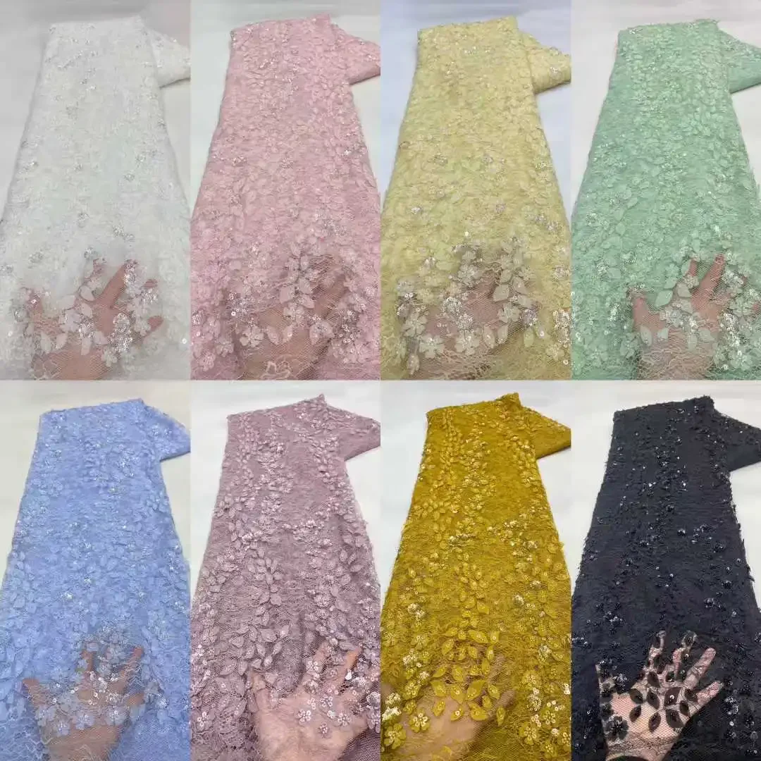 5Y 새로운 디자인 럭셔리 프랑스 아프리카 수제 작은 진주 튤 레이스 스팽글 메쉬 레이스 나이지리아 웨딩 드레스용 원단 CC1487