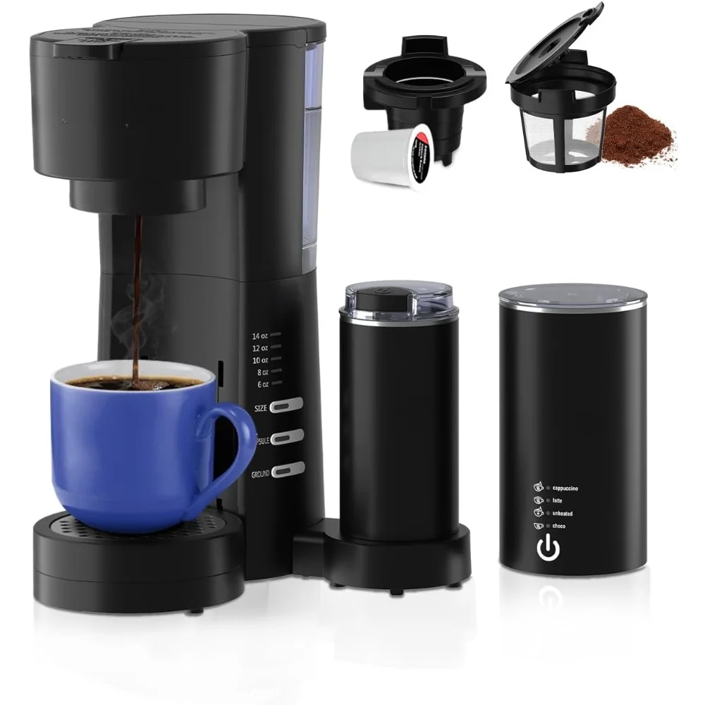 Koffiezetapparaat Voor K Cup & Gemalen Met Melk Frother & Grinder, 28Oz Watertank, Kleine Koffiemachine