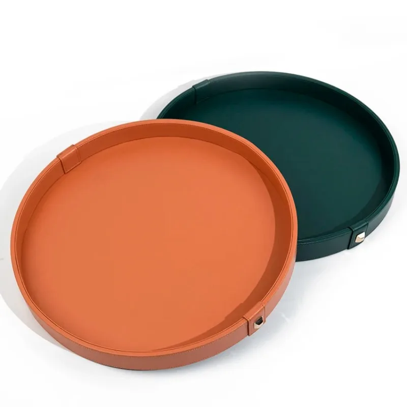 

Leather storage tray MDF wooden serving tray Round storage tray for hotel home decoration