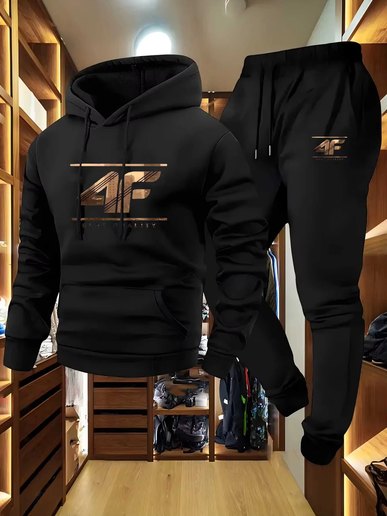 Conjunto de sudadera con capucha y jogger para hombre con estampado '4F': ropa deportiva informal, chándal a juego beige y negro para gimnasio, salón, exterior