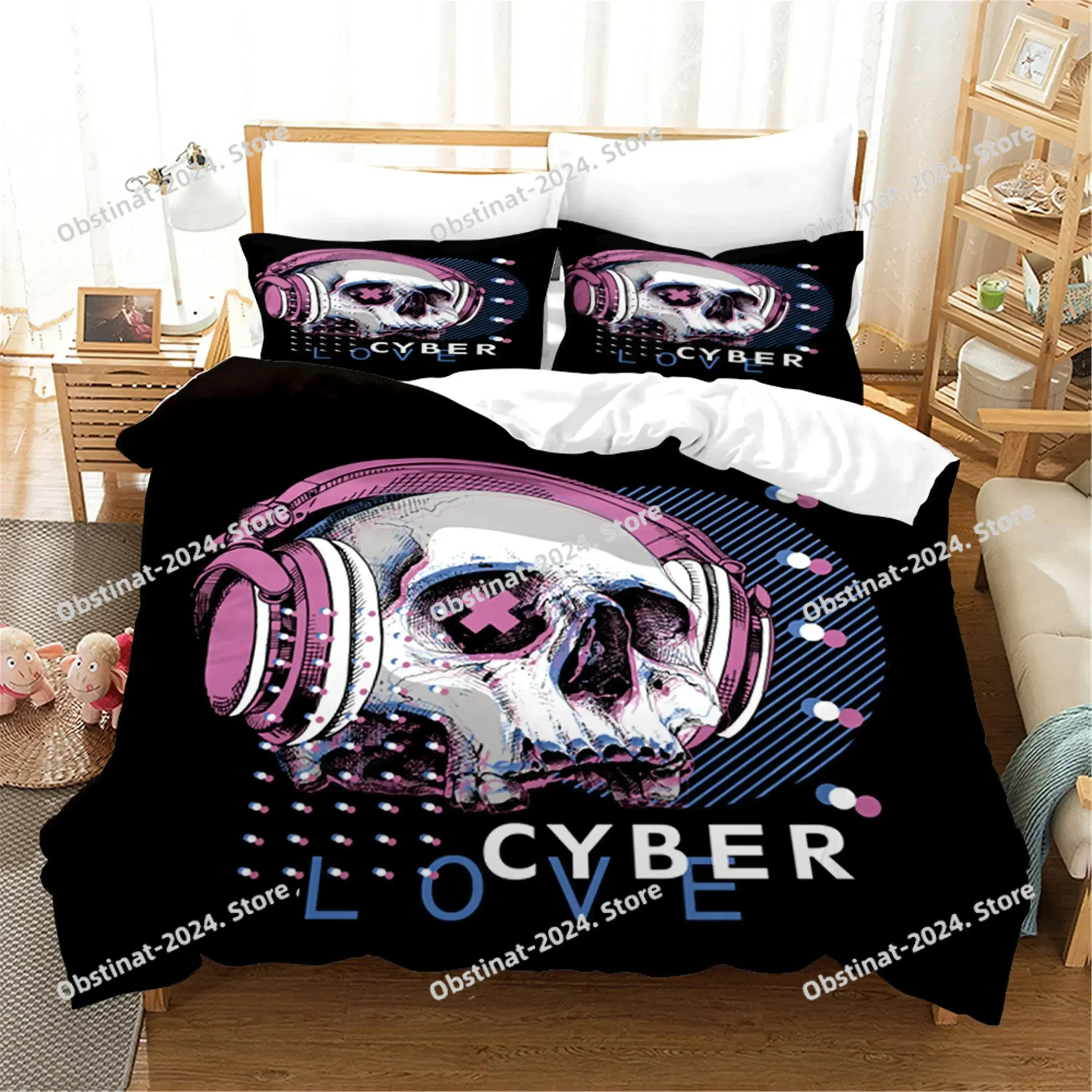 3D Skull Bedding Set Pillowcase Cyber Love Printed single Comforter Quilt Duvet Cover Pillow Case 3 Pieces Sets Kids Adult Size
