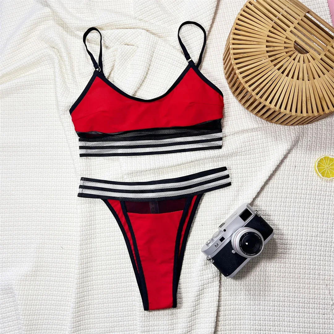 2025 alta corte de duas peças biquinis maiô feminino banho emenda malha sheer bikini conjunto verão praia maiô natação wear
