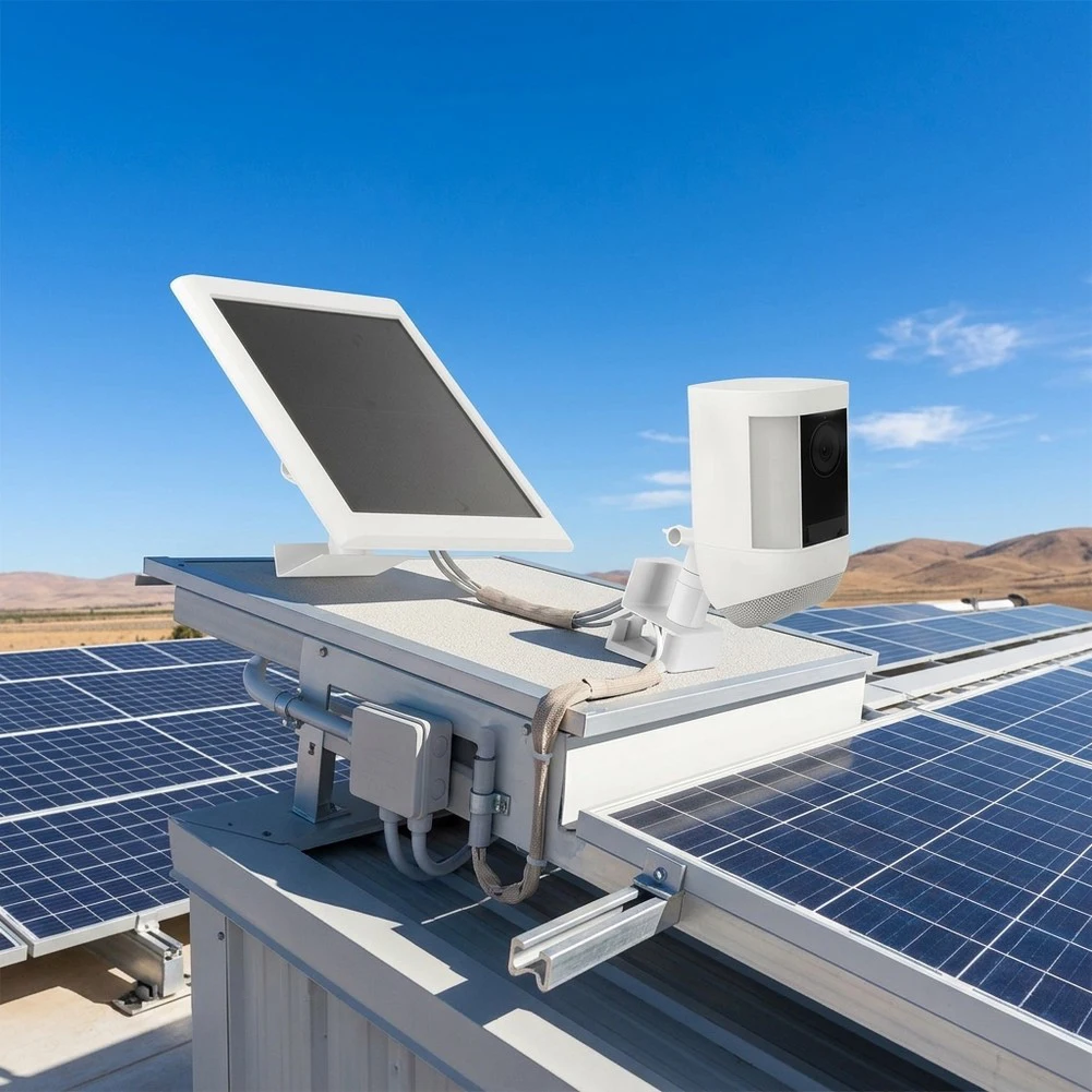 Combined Solar and Camera Mount for Exterior Applications with Tiltable Panel Base and 360-Degree Rotatable Camera Platform